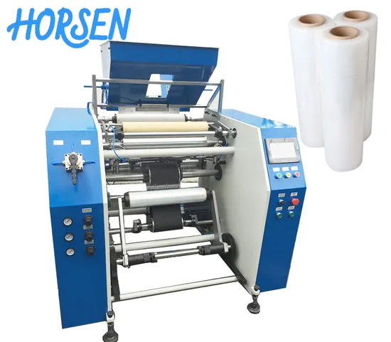 China Supplier Fully Automatic 5 or 1 Shaft Food Cling Wrap Film Roll Dotting Labelling Rewinding Machine